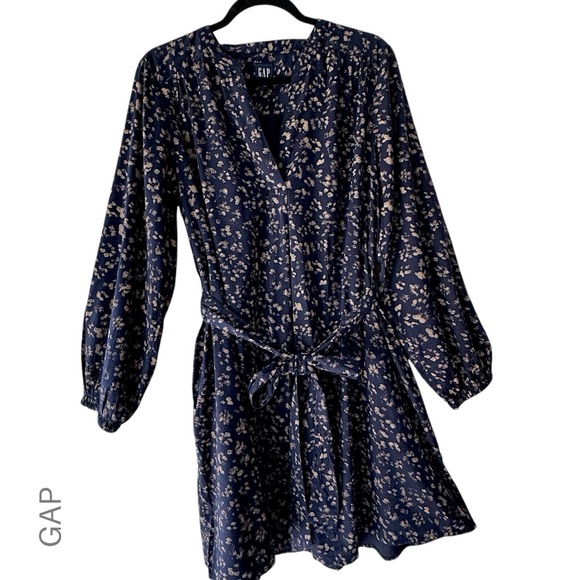 GAP | NWOT LONG SLEEVE SPLIT NECK NAVY BLUE ANIMAL PRINT DRESS | SIZE: LARGE - Picture 1 of 12